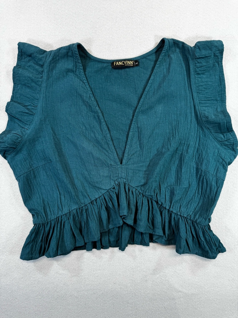 Fancyinn Teal Ruffle V-Neck Crop Top with Flutter Sleeves